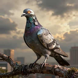 robotic scifi pigeon with chrome beak, metal wings, glowing eye, perched on a tree branch, golden hour, intense clouds, city background, complex electronics circuit board and wires, panels and rivets, iridescent, grunge and dirt, sharp details, subdued color, octane render, designed by lamborghini and giger, imax