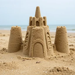 a sandcastle seen from an ant's point of view, low angle macro photograph