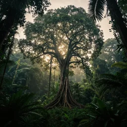 horrific, spectacular tree in a densely overgrown, dark jungle, fantasy, dreamlike sunraise, ultra realistic