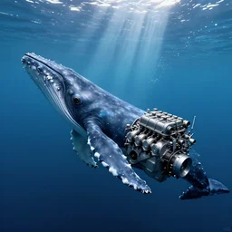 digital art of v 8 engine!! with cachalot whale body sticking from the end, cachalot whale!!, cachalot whale!!, in ocean, full - body, wide angle, cyberpunk style
