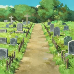 a gouache painting of a empty sunny graveyard site, walkway panorama, with small fences, scattered bones, bushes, a matte painting by makoto shinkai, disney, pixar studio ghibli, matte painting for anime