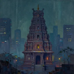 cyberpunk indian temple, no people, city in background, drawn by feng zhu, sparse plants, dim painterly lighting volumetric aquatics, impasto