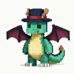 A dragon with a hat, voxel art, in the style of Alvah Virals