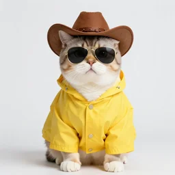 portrait of a cat wearing a yellow raincoat, aviator sunglasses and a cowboy hat. illustration by michael sowa but as a photograph