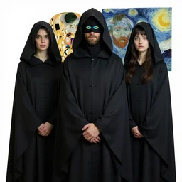 The Mourner's Hood by Karol Bak, Jean Deville, Gustav Klimt, and Vincent Van Gogh, mystic eye, otherworldly, cloaked figures, hooded, shroud, dark drapery, shadowy figures, ghosts, tears, crying, fractal structures, arcane, inferno, inscribed runes, infernal relics, ornate gilded medieval icon, third eye, spirals