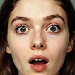 a candid extreme closeup portrait of an expressive face of a very surprised young woman by annie leibovitz