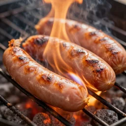 burning sausages on the grill closeup macro