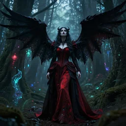 Female dark angel in gothic red and black dress, their black wings are extended. She is in the bioluminescent forest. Horror scene, highly detailded. Cinematic fantasy concept art