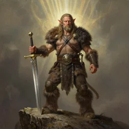 an ultradetailed portrait of robin williams dressed as an troll barbarian, standing heroically on top of a cliff, d & d, fantasy, intricate, elegant, highly detailed, digital painting, matte, sharp focus, illustration, giant bone cleaving sword, god rays, art by john collier and albert aublet and krenz cushart and alphonse mucha
