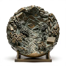 industrial bronze sculpture, high detail macro photography, isolated on a pure white background, centered, entire object in frame, sharp focus, soft studio lighting