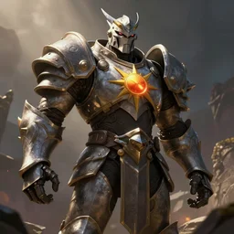 animated armor that looks with a sun emblem on his chest, mid shot photo, style of magic the gathering, dungeons and dragons, fantasy, intimidating