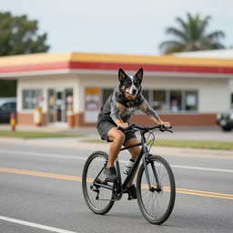 blue heeler as a biker on a bike, portrait photography, blurred background of a highway street and a wafflehouse