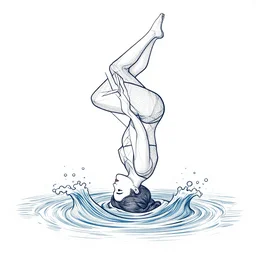 woman in freedom - pose dissolving from heads up into water waves, line art, geometrical