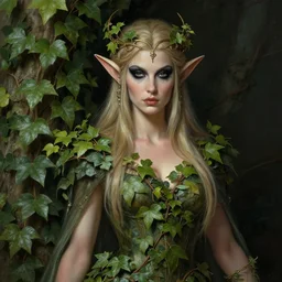 a beautiful and detailed matte painting of poison ivy dressed as an elf queen, fantasy, d & d, dark eyeliner, intricate, elegant, highly detailed, digital painting, artstation, concept art, matte, sharp focus, illustration, art by greg rutkowski and alphonse mucha