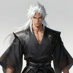 a highly detailed illustration of fierce white haired young japanese man wearing hakama, black! sclera! eyes, dramatic serious pose, muscular, intricate, elegant, highly detailed, centered, digital painting, artstation, concept art, smooth, sharp focus, league of legends concept art, wlop