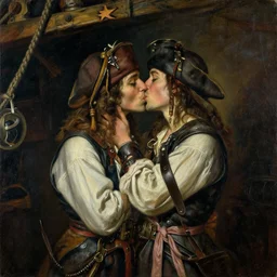 two young gay dashing pirate shipmates kissing below deck, forbidden love art piece, reclaimed 1 6 th century. lost souls, together, a sad masterpiece.
