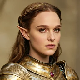 head and shoulders portrait of a female knight, young natalie portman, golden etched armor, lord of the rings, celtic hair braid, eldritch ruby amulet, elf warrior, by artgerm, alphonse mucha, face detail, sharp focus, high key lighting, vogue fashion photo