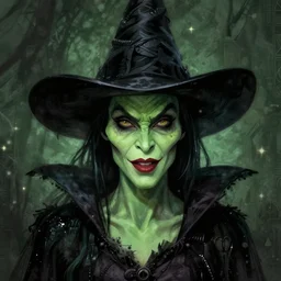 a wicked witch with green skin and a pointy nose, pointy black hat, horror, highly detailed, character portrait, digital painting, artstation, concept art, matte, sharp focus, illustration, art by artgerm and greg rutkowski and michael whelan and gustave dore and alphonse mucha