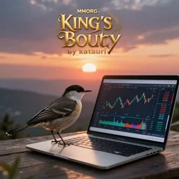 a very close - up bird standing on laptop, laptop shows stock market chart on screen, sunrise in the horizon, in concept art of main menu loading screen background. for mmorpg, king's bounty by katauri, high fedlity, by a chinese freelance artist, artstation, balance, style of hearthstone