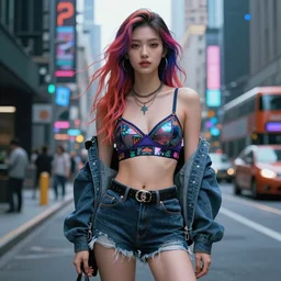 portait of a gorgeous woman with colorful hairs, wearing bra and shorts streetwear, cyberpunk city street, fashion photography, costume design, illustration, cinematic color grading, editorial photo, fashion, hyperrealism, trending on artstation, by charlie bowater, detailed, intricate, elegant, vfx, postprocessing, octane render, 8 k