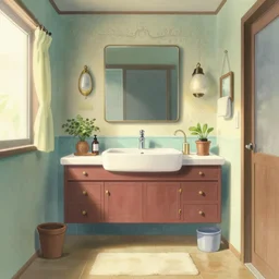 a modern bathroom, natural lighting, playful color scheme, intricate details, matte painting, illustration, by hayao miyazaki