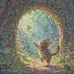 a wholesome cottagecore illustration of a cat chasing a butterfly through a portal to the 4th dimension, Pixar and Disney animation, sharp, Rendered in Redshift and Unreal Engine 5 by Greg Rutkowski, Bloom, dramatic lighting
