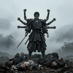 samurai standing on a bunch of bodies with 6 arms , gloomy and foggy atmosphere, octane render, artstation trending, horror scene, highly detailded