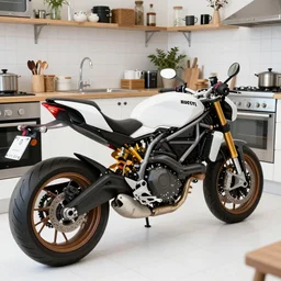 mysterious ducati panigrale motorbike, crammed into cluttered cozy kitchen, white tile on the floor, overexposed, by paolo pellegrin, by trent parke, prize winning color photo