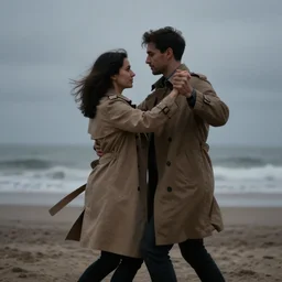 realistic cropped photo of a man and woman, both wearing trenchcoats, dancing together on a beach during cloudy weather, at night, and it ’ s dark time