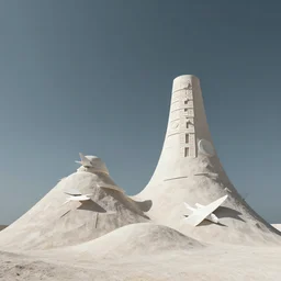 photo of minimalist abstract cubist sculpture of hills with sparse mecha mayan decorations, covered with few large white airplane parts