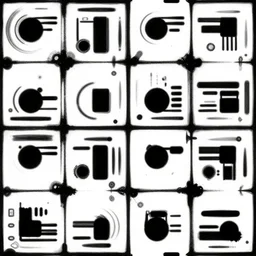 scifi wall panel textures, by jack kirby, random circle + bars + rectangle = connecting shapes, flat, vector, seamless, organic ink, black and white only
