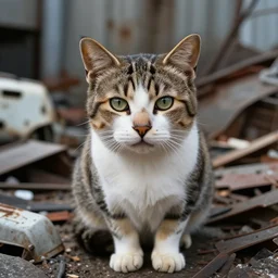 a cat with the face of donald rumsfeld in a junk yard, photo, detailed, 4 k