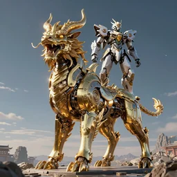 a beautiful octane render of a huge ferocious kylin mythical animals occupy the ground, surrealistic, epic, 8 k hd, light effect, unreal engine, trending on cgsociety, statue display, cool mecha style, trending on artstation, ultra wide angle,, 3 d render, ray tracing, mechanics, hyper detailed, golden ratio, realistic physical rendering, close shot