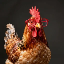 a portrait of a very handsome!!! chicken with small red fashionable!!!! glasses!!! Staring at the camera!!!