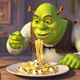 Shrek eating pasta made out of eyeballs