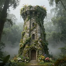 fantasy stone tower covered in vines and flowers, misty forest, highly detailed, realistic, boris vallejo