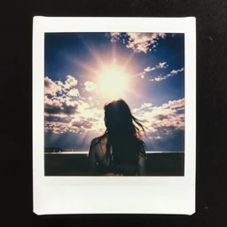 an aged polaroid photo of a young woman seen from behind, the sun exploding in the sky, detailed clouds, high contrast, film grain, color bleed