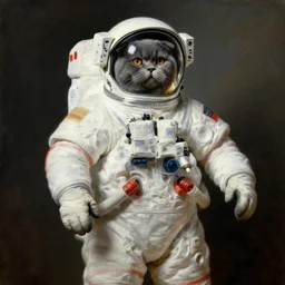 a painting of a grey chubby scottish fold in a cosmonaut suit, posing proudly, painted by rembrandt, highly detailed, atmospheric lighting, rim lighting
