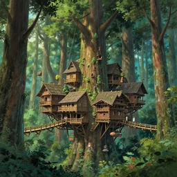 a suspended village built with wood and bridges high up a dense forest with many giant tall and large trees, ultra detailed, concept art, game art, matte painting, by tomasz alen kopera and peter mohrbacher, and michel - ange, artstation 8 k, greg rutkwowski, alphonse mucha, studio ghibli, wlop
