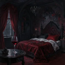 a beautiful detailed painting of vampirish dark gothic bedroom with dark red accents by noah bradley, wine glass on table, nightsky, archdaily, wallpaper, highly detailed, trending on artstation.