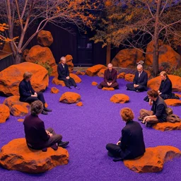 a solarpunk zen garden by simon stalenhag and hubert robert and ivan shishkin and zacharias aagaard and gillis rombouts, purple sand, orange rocks, chiaroscuro!!, tonalism, high saturation, high contrast, vibrant, highly intricate details