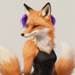 a woman covered in light orange fur with black fox ears, and a fox snout, she has purple hair tied up in to a ponytail, and is wearing a black dress. shaded artwork, furry art, fur - affinity, deviant art, realistic style painting