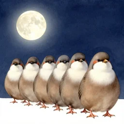 a row of fat bearded reedlings, watercolor, midnight, moonlight, full moon, highly detailed, hyper realistic
