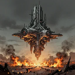 comic book illustration, wide view of a very tall structure hovering 10 feet above the ground, the ground below it is scorched and cracked, cyberpunk concept art by Moebius, highly detailed, intricate, sci-fi, sharp focus, Trending on Artstation HQ, deviantart