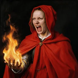 an angry screaming woman in a red cloak, fire, by Jan van Eyck