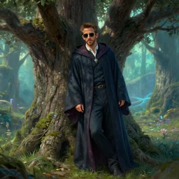 ryan reynolds wearing wizard robes leans against a magical tree romance novel fantasy artwork epic detailed and intricate digital painting trending on artstation by wlop octane render sunglasses