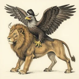 a creature with the body and eyes of a man, with the beak of an eagle, the mane of a lion, and the horn of a bull. drawn by h. r. giger