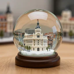 beautiful photograph madrid inside a glass snow ball. stock photo. depth of field. studio lighting. reflections. wood. cozy. madrid iconic buildings. maquette. tilt shift