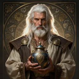 a man with white hair and beard, wearing nomadic clothing holding a soul jar portrait, backlight, rim lighting, deep focus, d & d, fantasy, intricate, elegant, highly detailed, digital painting, artstation, concept art, matte, centered, sharp focus, illustration, hearthstone, art by artgerm, greg rutkowski and alphonse mucha