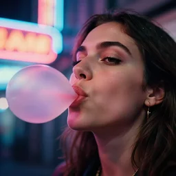 A hyper realistic and detailed head portrait photography of a woman blowing a gum bubble by Phoebe Cowley. In the background there are neon signs and glow. Neo noir style. High quality. Cinematic. Extreme Swirly bokeh. Kodak Portra 400 film. Lens flare. Detailed.